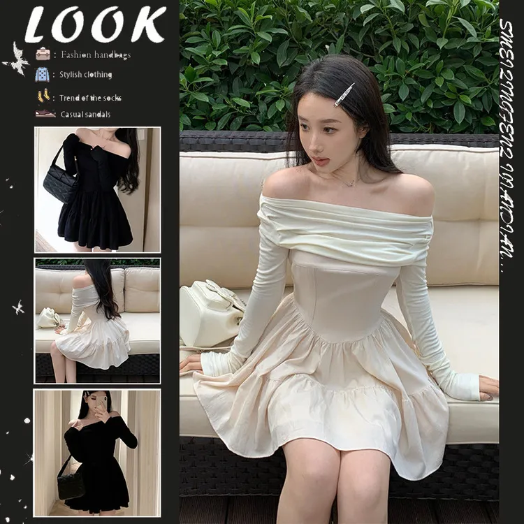 温柔风一字领露肩长袖连衣裙女秋季新款洋气减龄收腰a字短裙