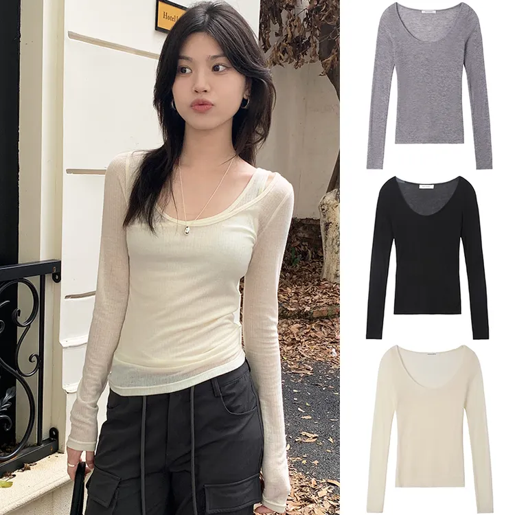 Miss sumeyY3569自制韩版微透假两件显瘦修身百搭长袖t恤女短款