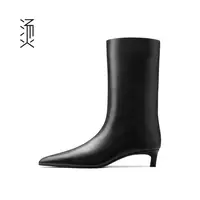 烫[自]黑色牛皮尖头矮细跟中筒短靴时装套筒百搭早秋新款骑士靴