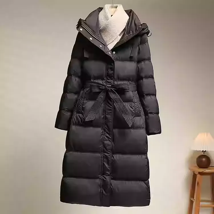 爆款2025年冬季新款羽绒服女士长款过膝修身鸭绒连帽户外羽绒服