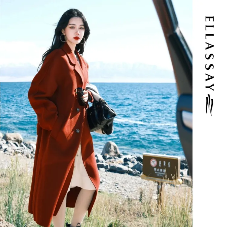 ELLASSAY歌力思秋冬新款绵羊毛双排扣毛呢外套大衣EWB354D00300
