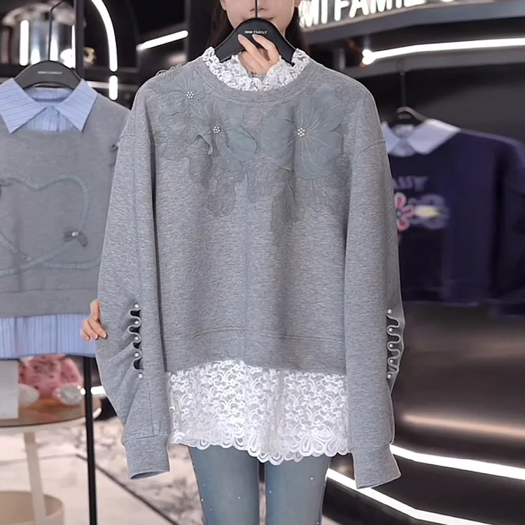 女士灰色假两件卫衣秋冬新款时尚洋气宽松显瘦设计感蕾丝拼接上衣