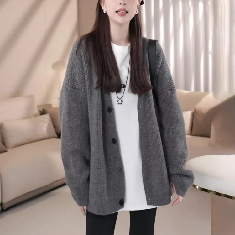 灰色毛衣开衫外套女2025新款秋冬慵懒风宽松老钱风松弛感女装贵气