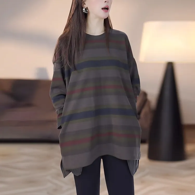 女士打底衫早秋季洋气内搭时尚洋气减龄宽松大码显瘦条纹t恤上衣