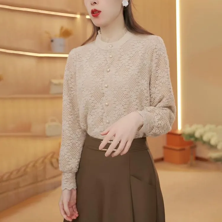 法式内搭蕾丝打底衫女士早秋季2025新款大码加厚磨毛立领衬衫上衣