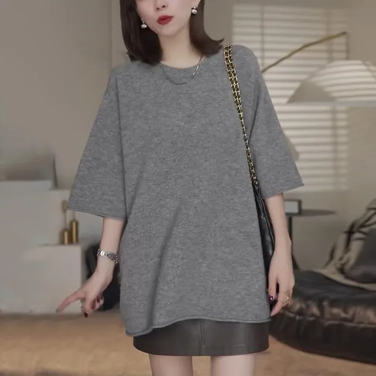 灰色七分袖慵懒风毛衣女士秋冬宽松高级感圆领内搭打底针织衫上衣