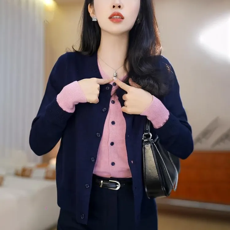 假两件针织开衫女士早秋新款慵懒风宽松撞色毛衣洋气减龄外穿上衣