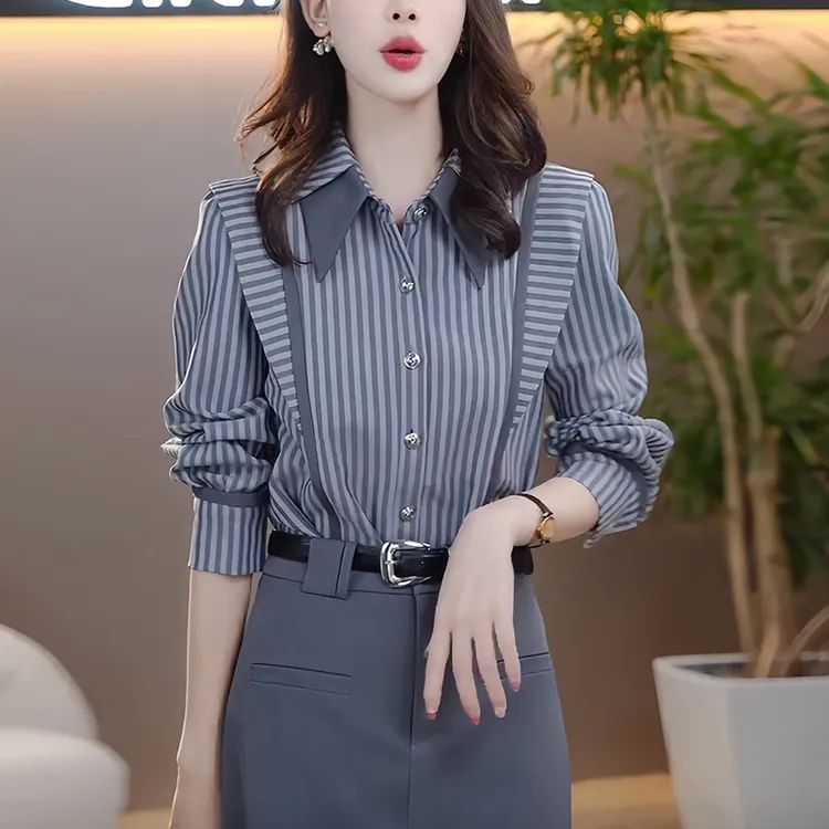 长袖条纹衬衫女士2025早秋季新款时尚减龄气质休闲显瘦设计感上衣