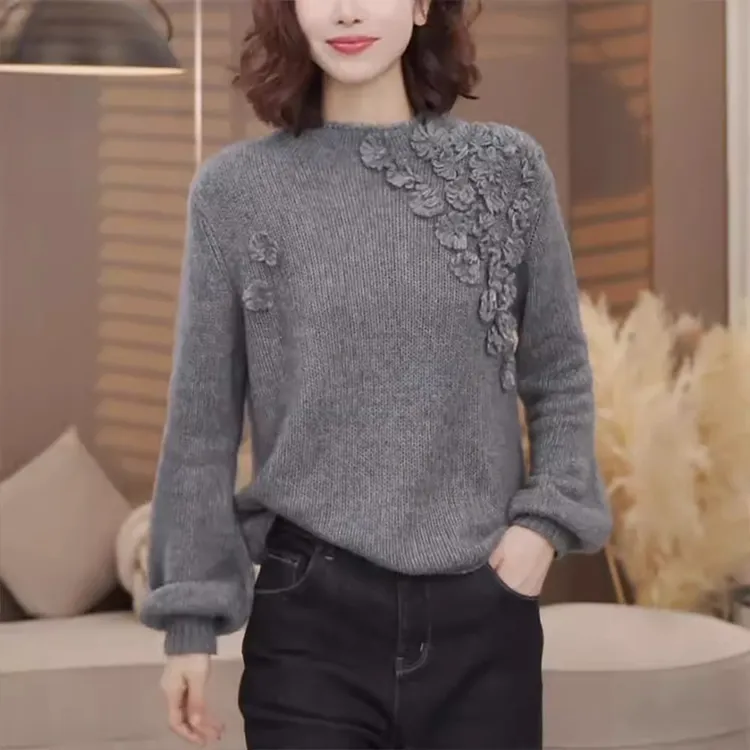 灰色立领针织衫女士早秋季2025新款慵懒风宽松设计感打底毛衣上衣