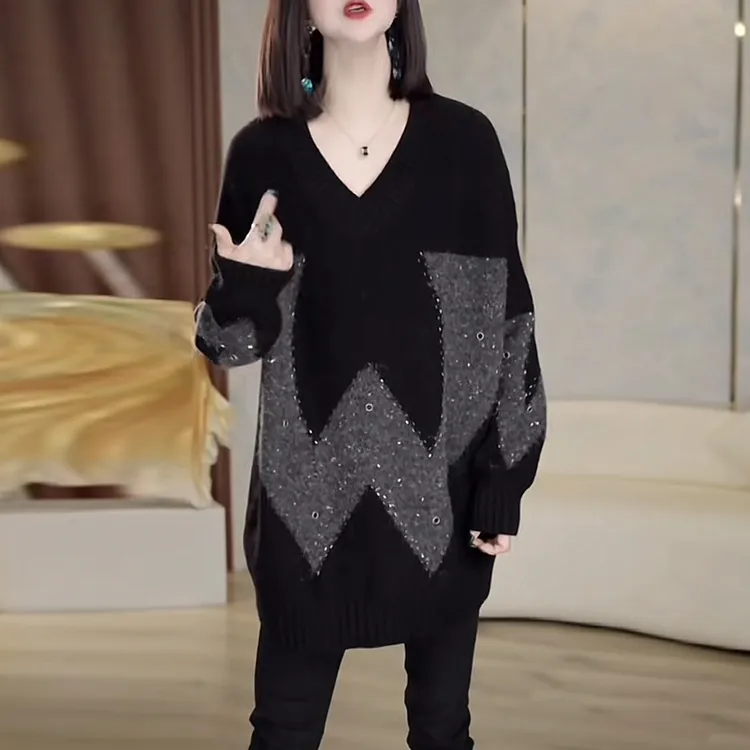 女士秋冬黑色毛衣慵懒高级感洋气宽松大码显瘦烫钻V领针织衫上衣