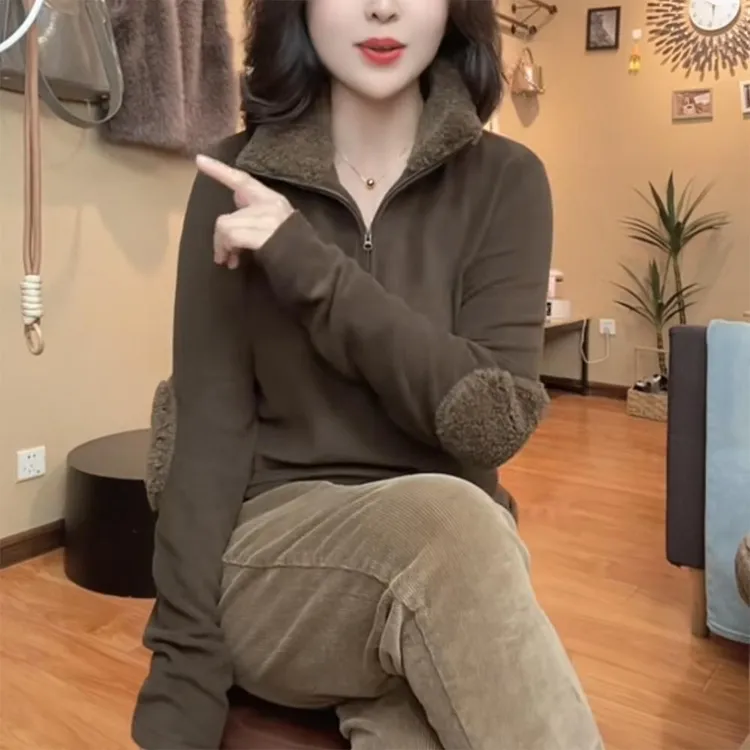 欧货女士加绒卫衣早秋季2025新款时尚洋气内搭加厚长袖打底衫上衣