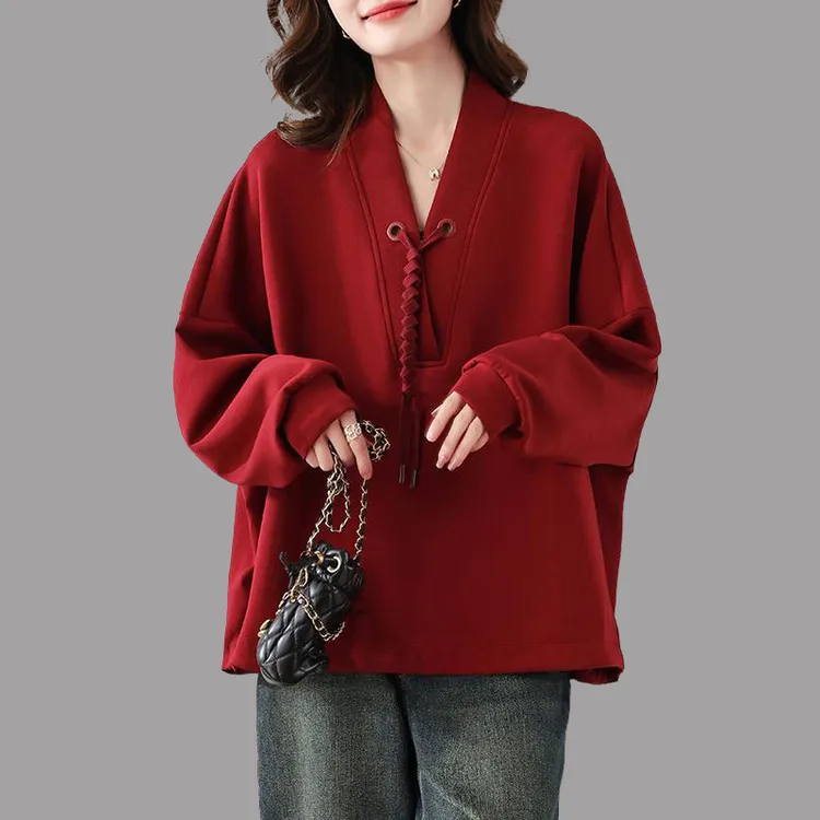 设计感V领大码卫衣女装秋冬新款内搭慵懒风宽松减龄短款长袖上衣
