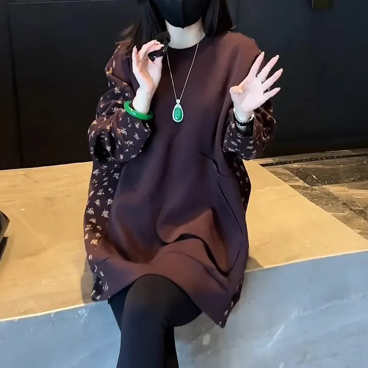 女士圆领卫衣秋冬加绒加厚时尚洋气大码宽松中长款遮屁股印花上衣