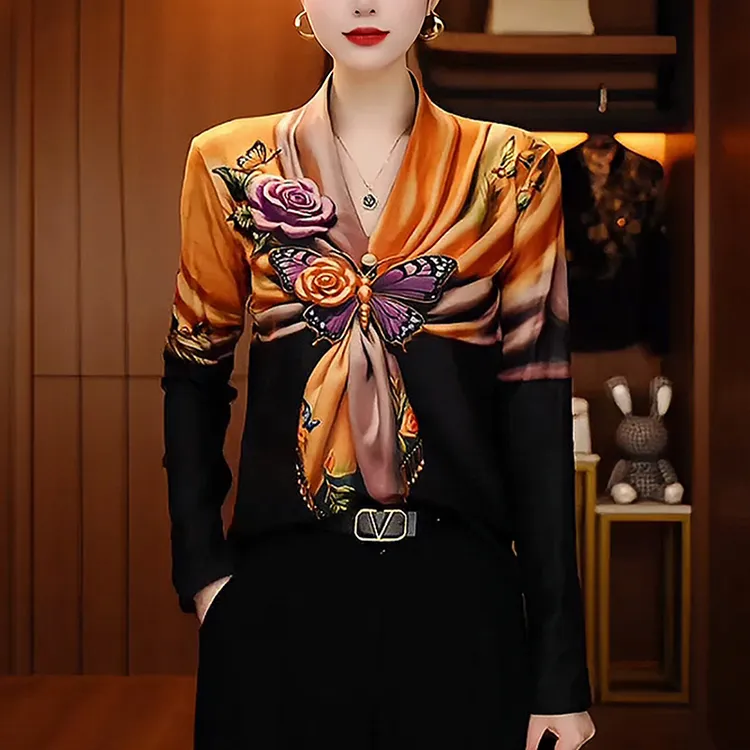 女士V领打底衫T恤2025秋冬新款高级感洋气减龄内搭长袖印花上衣