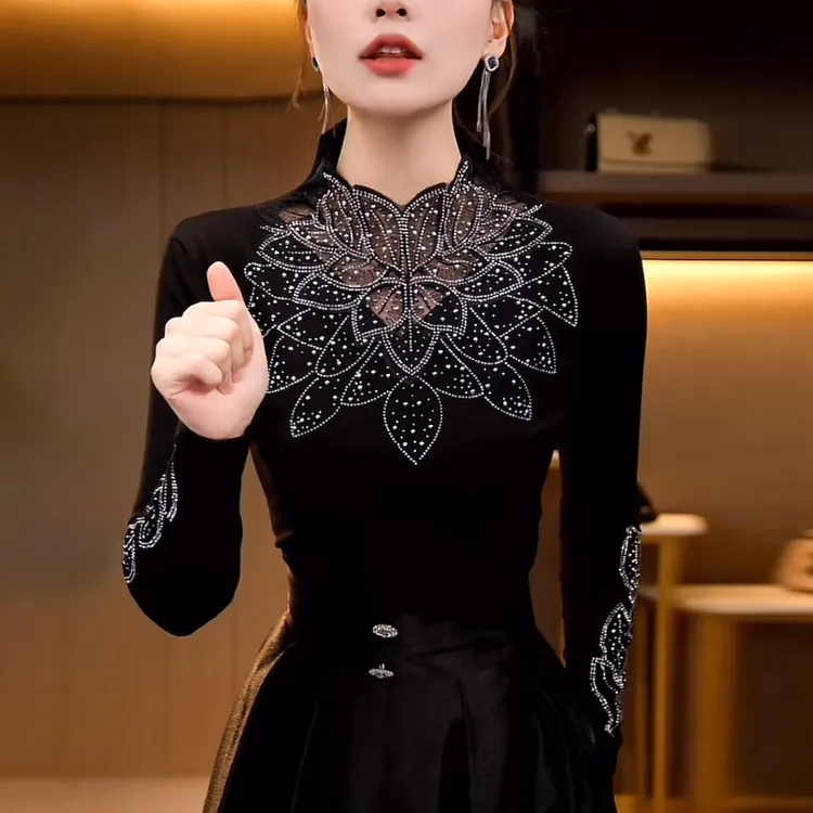 黑色半高领打底衫T恤女士秋冬加绒加厚大码内搭修身烫钻镂空上衣