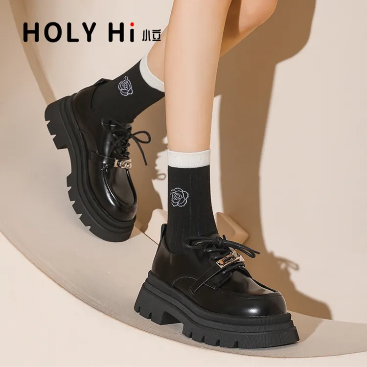 【清货断码】秋冬新款爆款学院风乐福6cm系带百搭厚底皮圆头轻职风