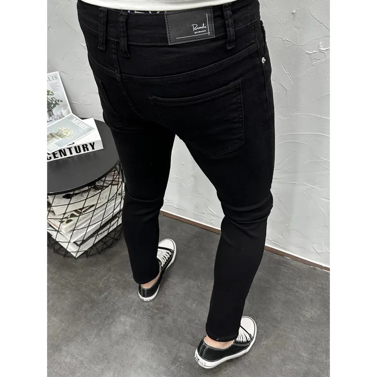 潮流时尚简约百搭黑色牛仔裤男韩版修身小脚裤高端水洗弹力九分裤