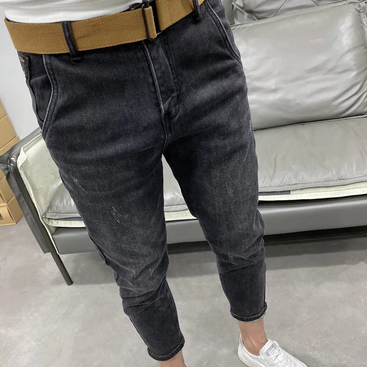 斜插口袋九分秋季新款黑灰牛仔裤男潮流百搭韩版修身小脚弹力长裤