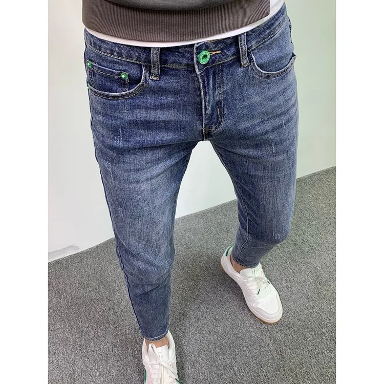 高端牛仔裤男九分裤春夏潮牌韩版修身弹力水洗蓝色休闲潮男小脚裤
