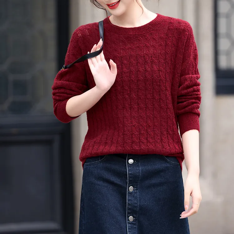 秋冬新款羊绒宽松女款圆领时尚百搭纯色针织打底羊绒衫