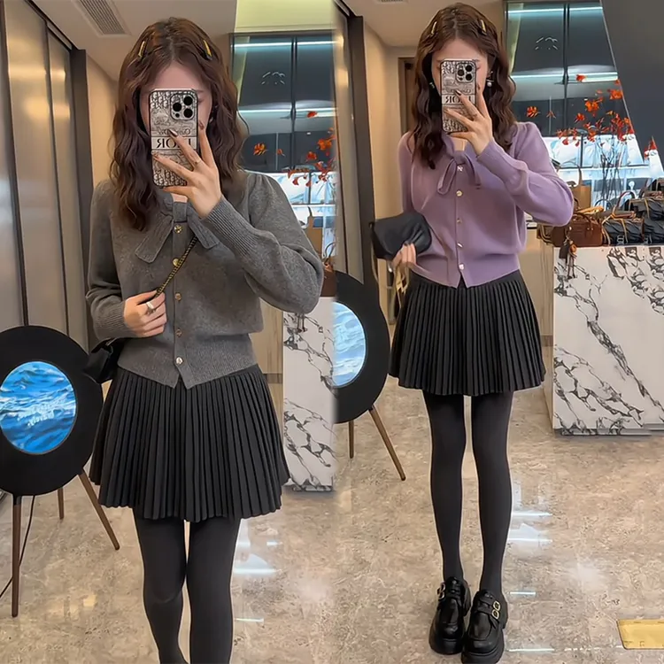 2025秋冬新款打结针织上衣单排扣小v领搭百褶短裙日常简约舒适