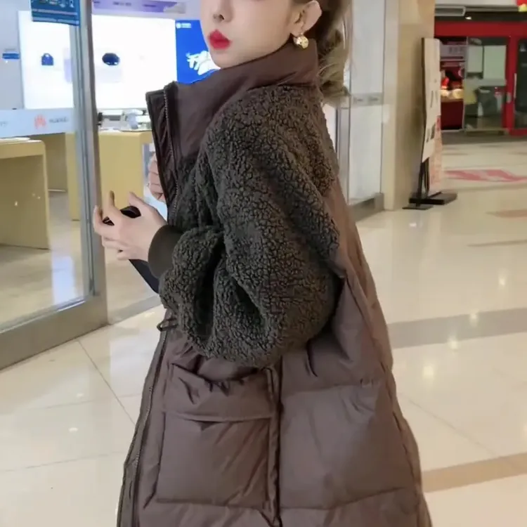 2023冬季时尚保暖中长款羽绒服宽松休闲毛毛拼接百搭羽绒服外套