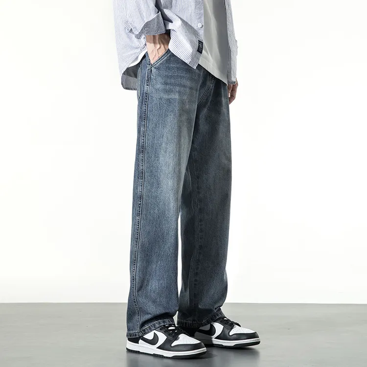 魔鬼箭水洗复古牛仔裤男宽松大码阔腿直筒休闲美式潮牌简约长裤子