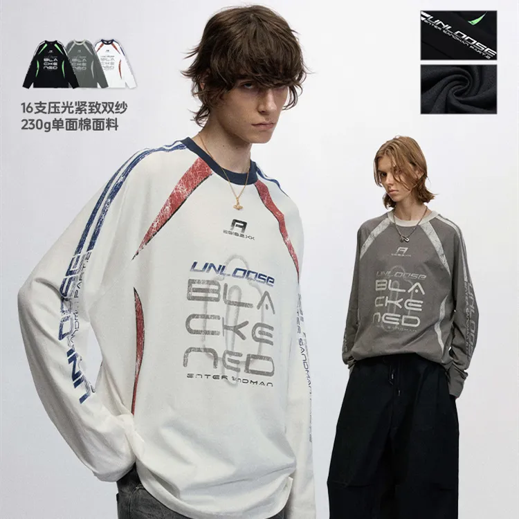 #OVDY230g精梳棉圆领长袖T恤足球服户外运动宽松男女内搭情侣上衣