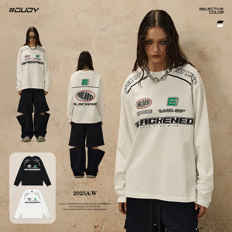 #OVDY美式赛车风长袖明星同款T恤春秋高街oversize圆领宽松长T