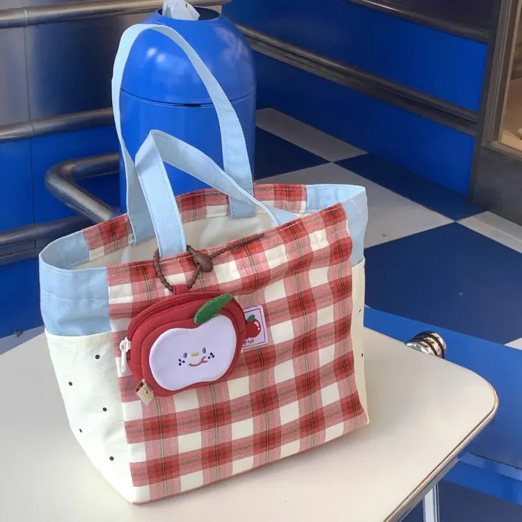 原创上班手提便当包女生ins风多口袋大容量帆布包格子上课饭盒袋