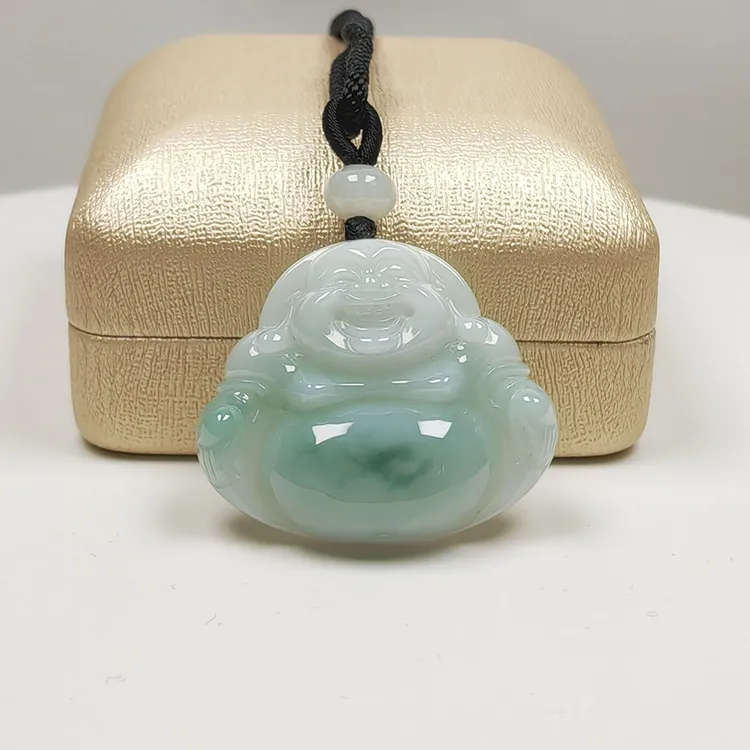 缅甸天然A货翡翠飘绿花大佛公吊坠女士毛衣链大肚弥勒佛高端挂件