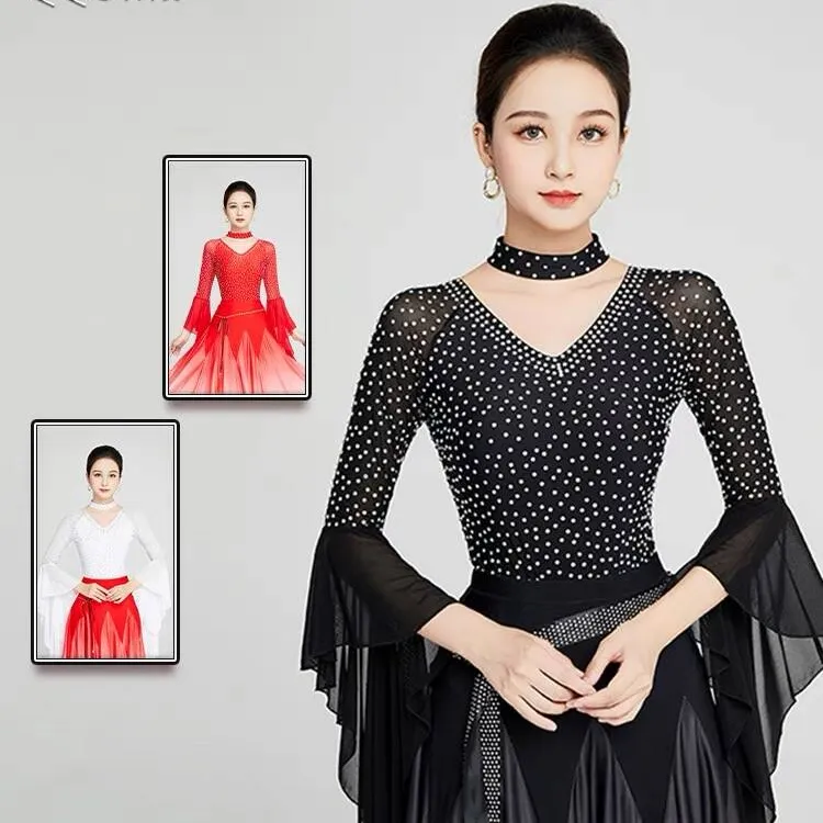 箐箐佳美2024新款摩登舞连体上衣女V领华尔兹交谊舞练功服演出服