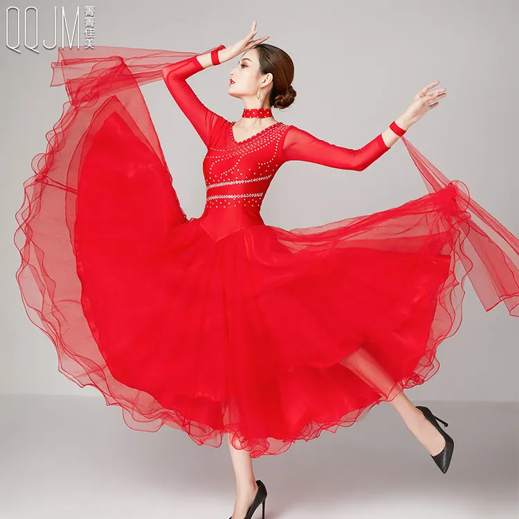 箐箐佳美摩登舞裙修身连衣裙2022新款演出服弹性大摆纱边设计舞裙