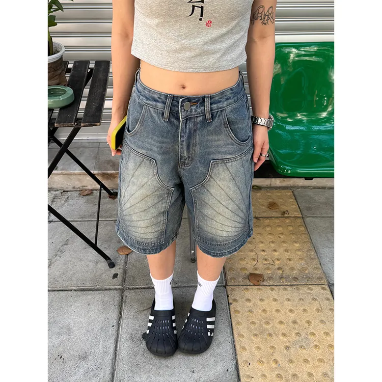 川川也CCYE美式复古牛仔半裤短裤男女宽松直筒牛仔裤休闲阔腿裤潮