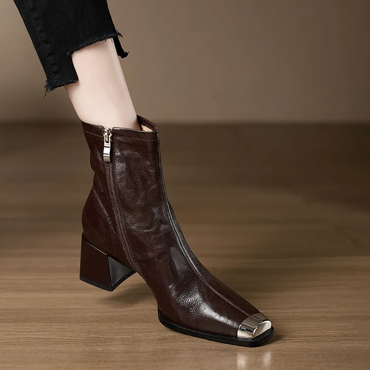 不累脚手工女鞋5.5cm~羊皮金属方头高跟粗跟马丁靴2025流行小短靴