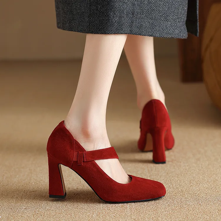 手工防水台女鞋8.6cm~粗跟单鞋复古一字带玛丽珍鞋羊皮方头高跟鞋