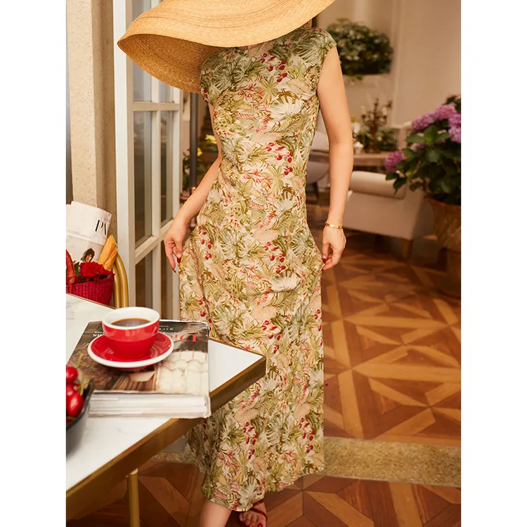 夏季新款法式立体斜裁鱼尾裙茶歇裙复古印花红色油画裙女  71895