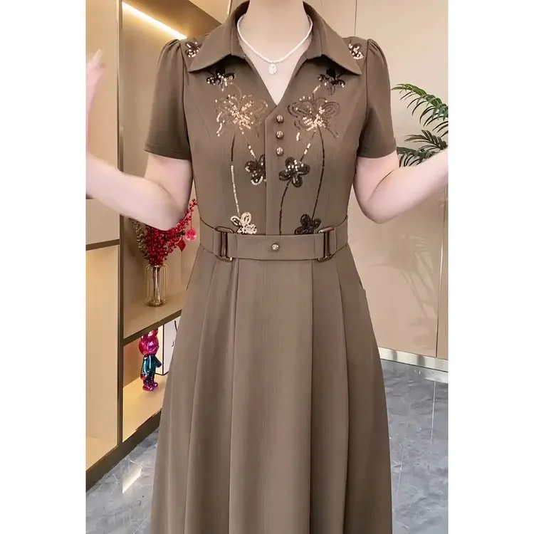 时尚短袖连衣裙女2025年夏季新款气质收腰显瘦重工亮片中长款裙子