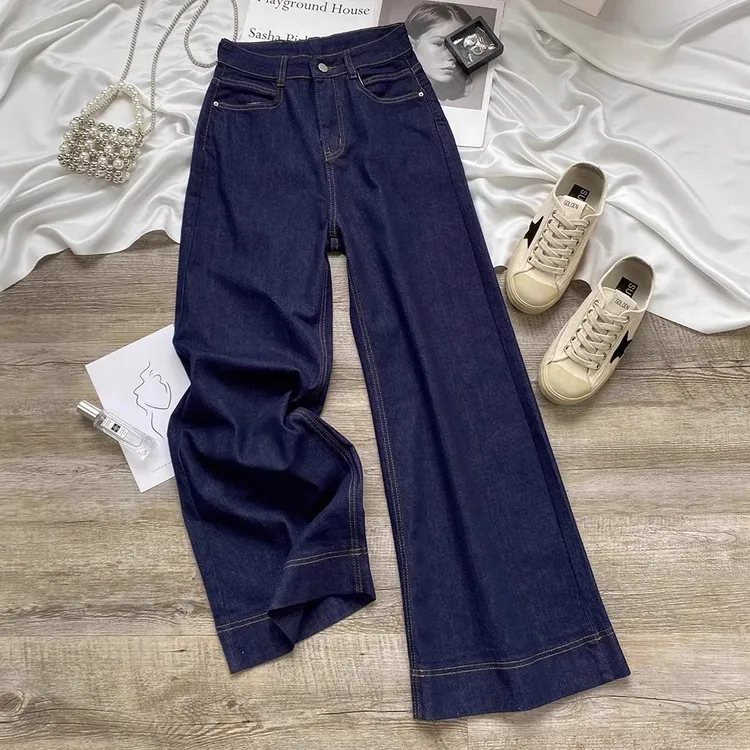 丹宁蓝微喇牛仔裤女秋冬季2024新款高腰显瘦宽松胖mm阔腿喇叭裤子