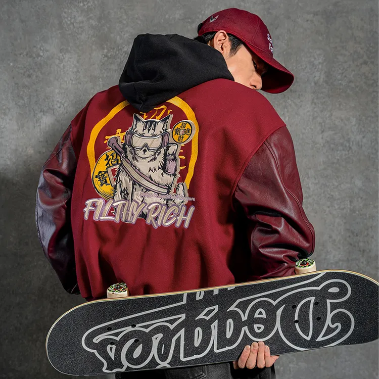 鹿家门秋冬新款印花美式棒球服休闲毛呢复古美式宽松运动夹克外套