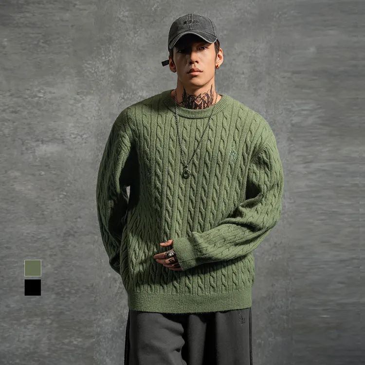鹿家门冬季新款针织圆领毛衣休闲宽松套头复古保暖运动大码线衫