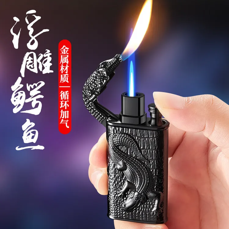 新款双火直冲明火充气打火机金属立体浮雕鳄鱼打火机