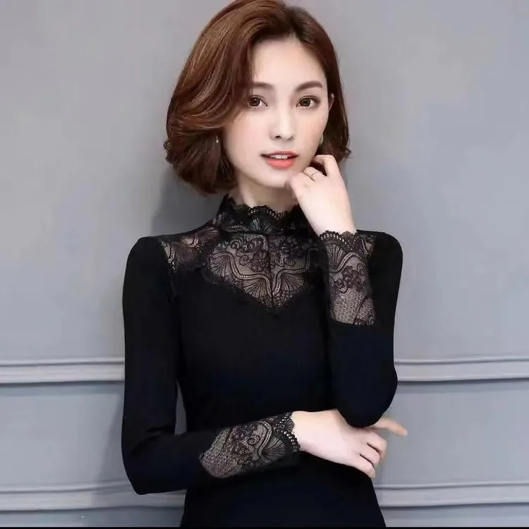 春秋新款蕾丝打底衫半高领内搭洋气时尚上衣修身女款显瘦长袖小衫