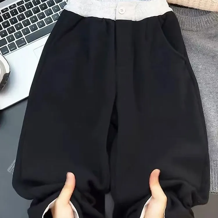 女童加绒裤秋冬季拼色2024新款中大儿童休闲加厚保暖阔腿裤长裤潮