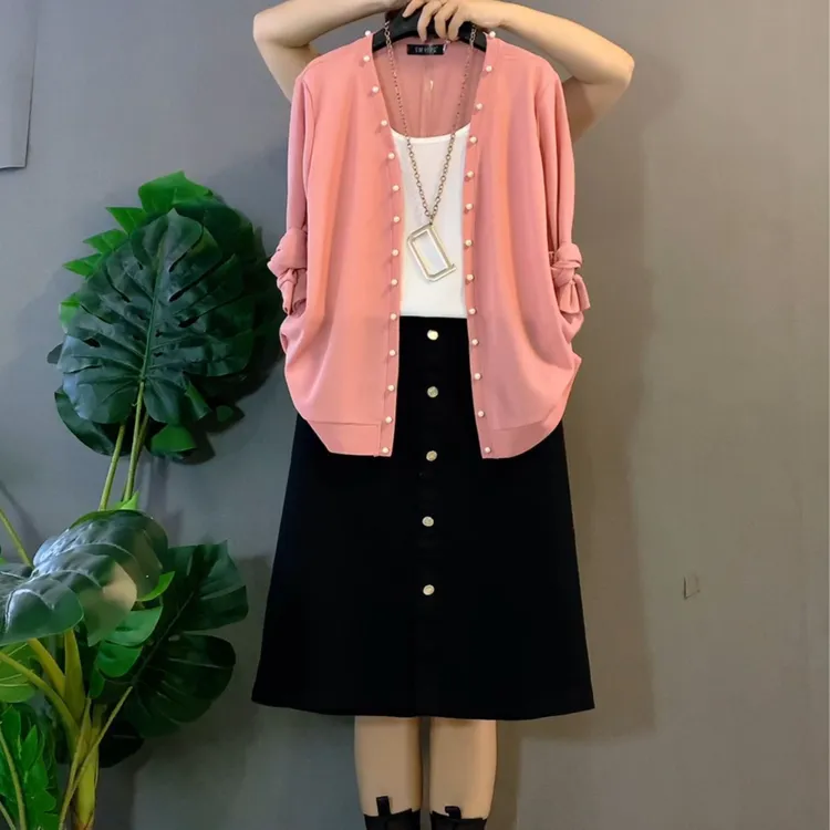 大维罗依Pnm新款大码钉珠假两件上衣+半身牛仔裙