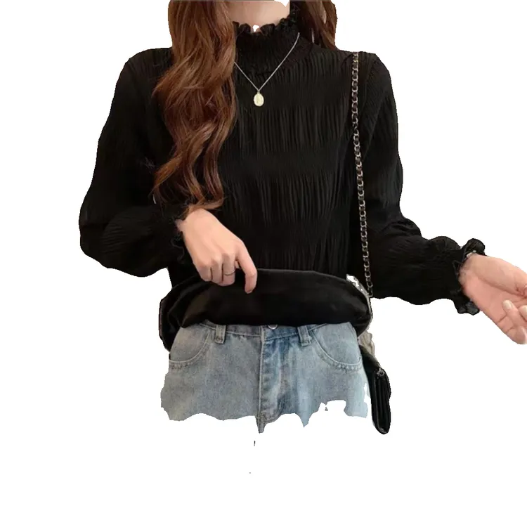 大维罗依PYY欧货时尚气质显瘦褶皱洋气纯色百搭秋冬加绒打底衫