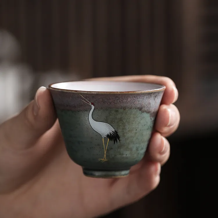 瑞鹤呈祥仙鹤茶杯手工粗陶窑变复古品茗杯个人主人杯单杯闻香杯