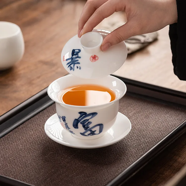 手绘羊脂玉瓷三才盖碗茶杯功夫茶具敬茶碗现代创意大容量礼品家用