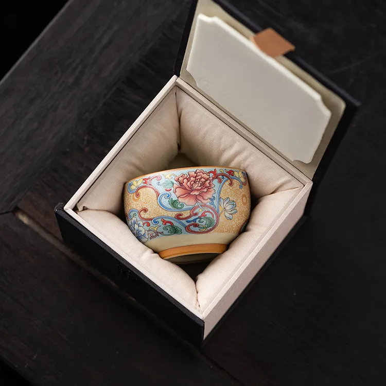 满彩黄汝窑高档主人杯金丝银线复古敬茶杯茶碗轻奢商务礼品伴手礼