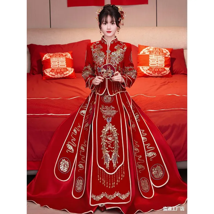 高级丝绒秀禾服2025新款结婚中式红色新娘敬酒服嫁衣高端婚纱秀禾